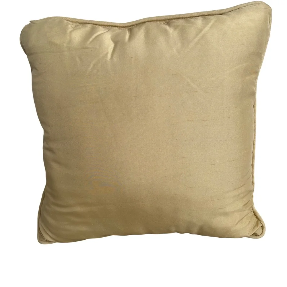 Gold Beaded Chevron Silk Throw Pillow Faux Pearl Embroidered Square Accent 16in